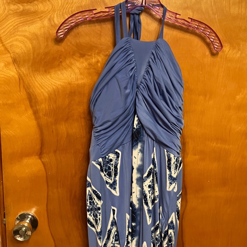 SOMA.  Blue Shirred Halter Maxi Dress. Size Large. Has 2 pockets!! Soft! NWT